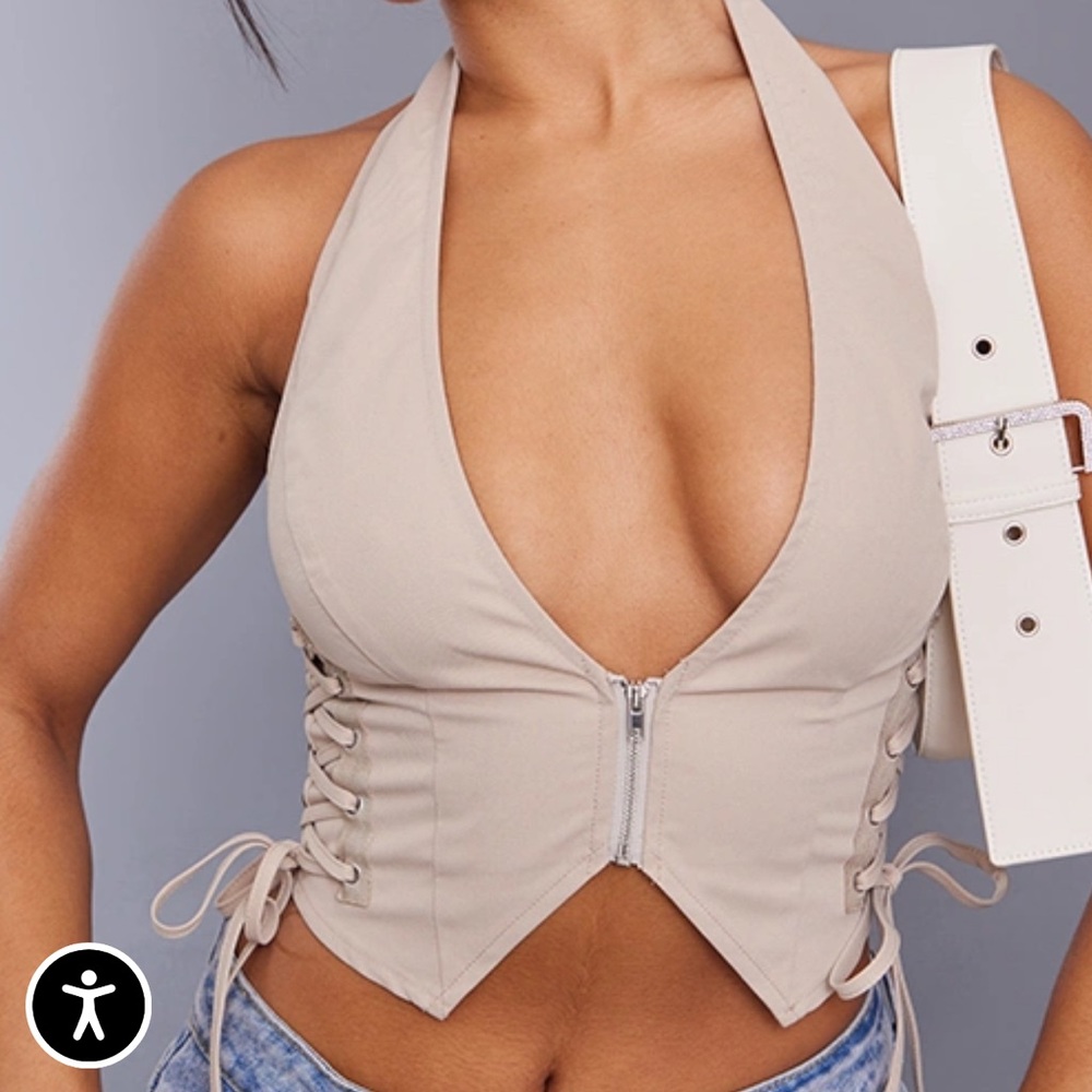 Beige Halter Lace-Up Zip Front Crop Top